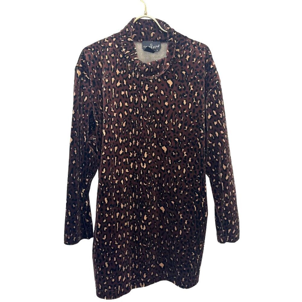 Carole Little Animal Print Turtle Neck Long Sleeve Velour Tunic Blouse Large